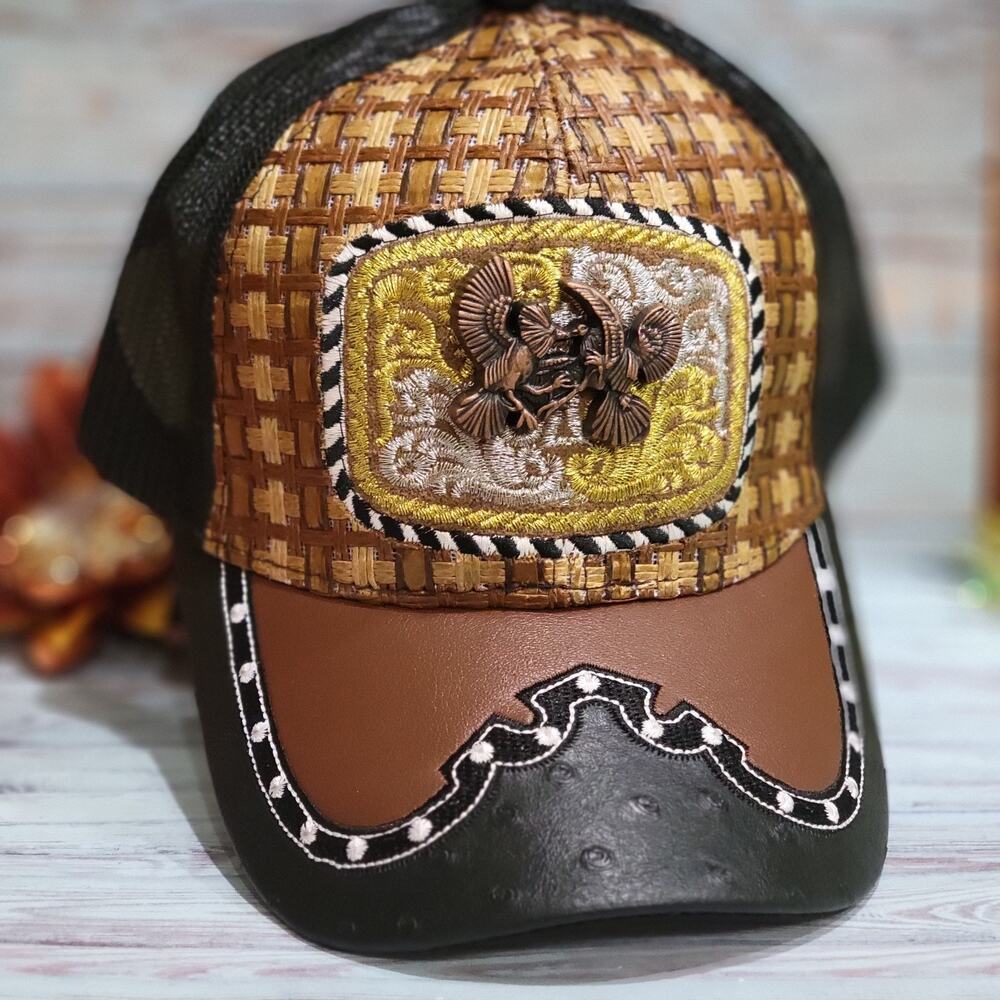 Fighting Roosters cap real Cow Hide patchwork black & Brown adjustable
